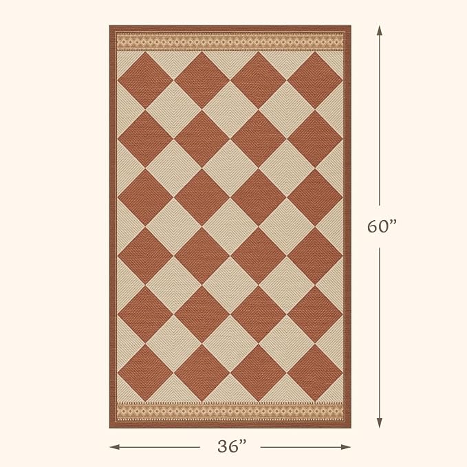 Terracotta Beige Diamond Checkered 3x5 Entryway Rug, Boho Easy Jute Indoor Outdoor Rug, Modern Farmhouse Washable Non Slip Porch Patio Rug for Kitchen, Balcony, Bedroom, Laundry Room, Mudroom