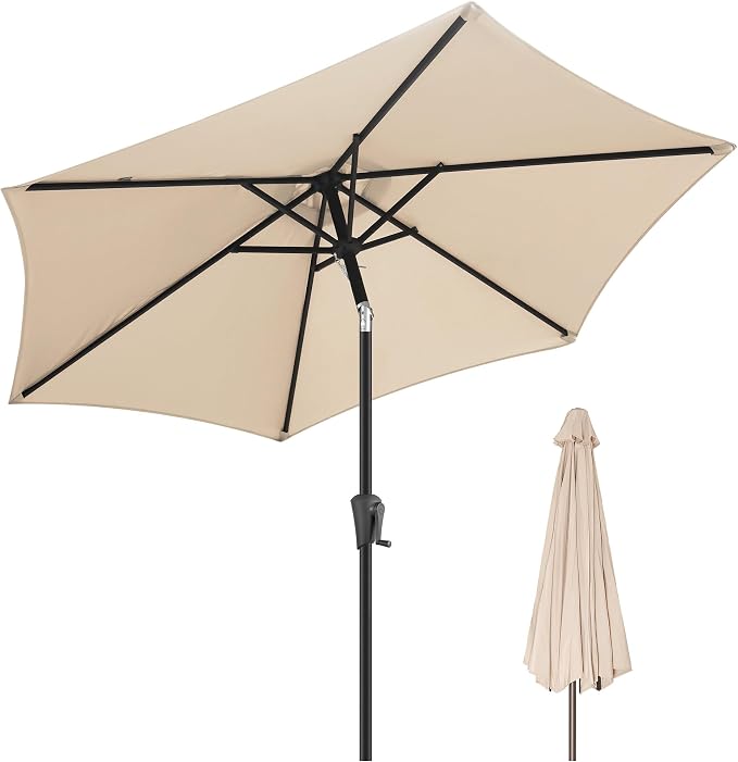 FLAME&SHADE 9ft Patio Umbrella Outdoor - Table Umbrella with Push Button Tilt and Crank, UV Protection, 6 Sturdy Ribs, Market Umbrella for Garden, Deck, Backyard, Lawn, Pool and Beach(Beige)