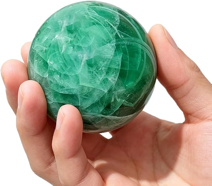 2-2.4 inch (5-6 cm) Natural Green Fluorite Crystal Ball with Stand, Hand Polished Gemstone Sphere, Reiki Healing Decorative Stone Sphere, Feng Shui Home Ornament, Mineral Crystal Collection Gift