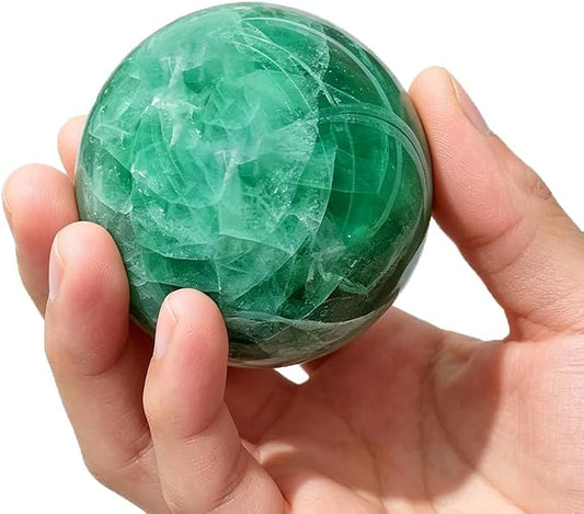 2-2.4 inch (5-6 cm) Natural Green Fluorite Crystal Ball with Stand, Hand Polished Gemstone Sphere, Reiki Healing Decorative Stone Sphere, Feng Shui Home Ornament, Mineral Crystal Collection Gift