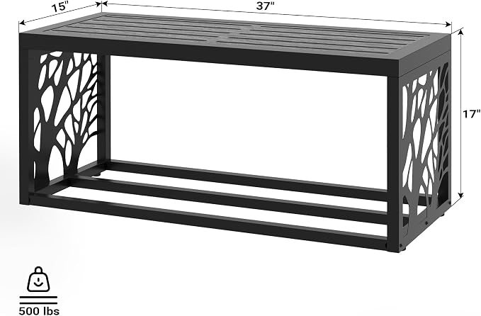 37" Outdoor Garden Bench with Storage Shelf, Modern Black Entryway Bench, Wood-Grain HDPE Seat, Galvanized Steel Frame with Powder Coating for Porch, Yard, Patio, Tree