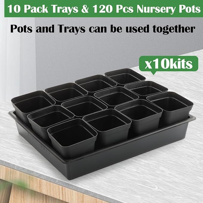 RooTrimmer 4 inch (10CM) Square Nursery Pots 120pcs, Sturdy Seedlings Trays 10 Pcs, Seeds Starter Germination Tray, Microgreening Planter Nursery Propagation 10 Sets