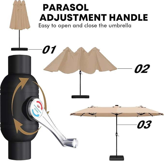 DomeShade 15ft Patio Umbrella with Base Included Solar Lights,Double Umbrella Outdoor Patio Table Umbrella Market Rectangle Umbrellas with 36 LED Lights for Outside Poolside Lawn Backyard,Beige