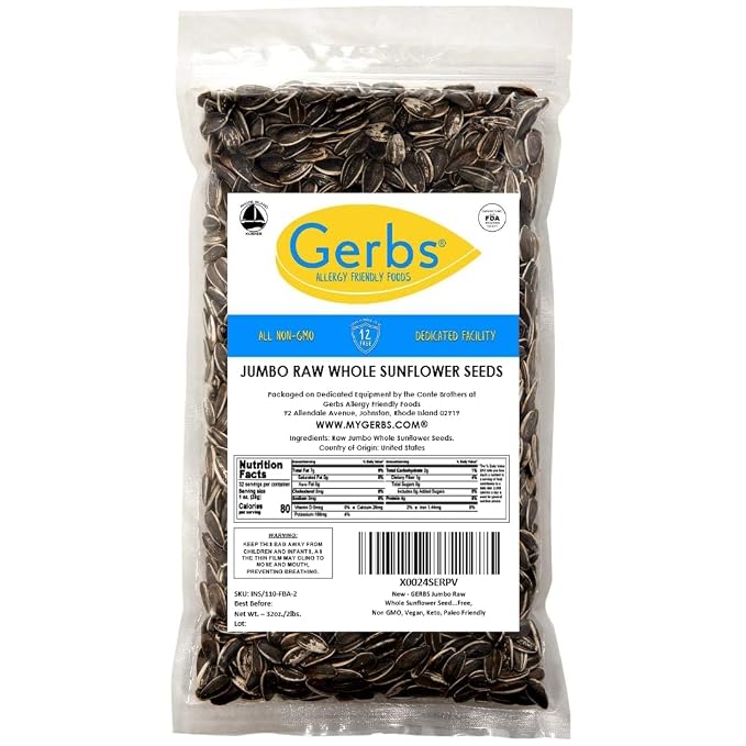 Gerbs Jumbo Raw Whole Sunflower Seeds 2 lbs. | No Artificial Additives, Shell-On, Resealable Bag | Crack-and-Eat Crunchy Snack | Top 14 Allergen-Free