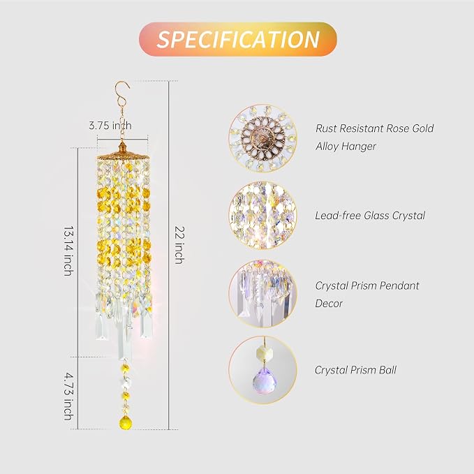 Crystal Wind Chimes Rainbow Suncatcher for Window, Garden, Patio Decor | K9 Crystal Suncatcher, 22 Inches, Creates Rainbows Indoors/Outdoors, Ideal For Gifting, Rose Gold Hooks, Porch/Balcony
