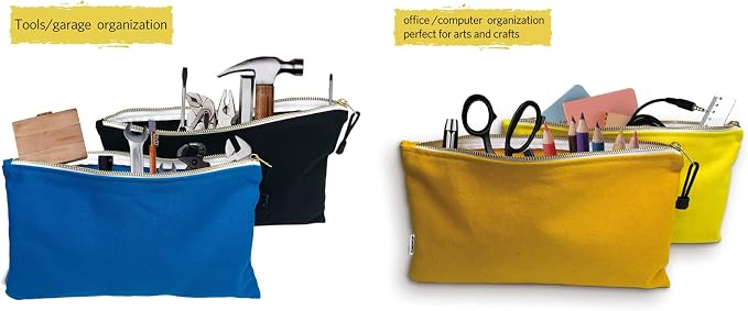 Canvas Tool Bag Zipper Pouch, 6 Pack 12.5 x 7-Inch | Heavy Duty Tools Utility Pouches, Multipurpose, Storage Organizer Tote Bags, Olive/Orange/Blue/Yellow/White/Black