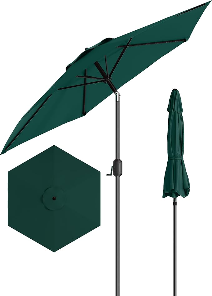 GarveeLife 7.5 ft Outdoor Patio Umbrella, Outdoor Table Umbrella, Market Umbrella with Push Button Tilt and Crank, 6 Sturdy Ribs UV Protection Waterproof for Garden, Deck, Backyard, Pool (Dark Green)