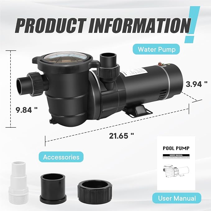 DoE-Compliant CEC approved Pool Motor Pump 2HP 115v 5160GPH | 2HP Variable 2 Speed 115v 5160GPH Above Ground Pool Pump, 1.5" Port with 1.25 inch and 1.5 inch Unions, Reversible Discharge