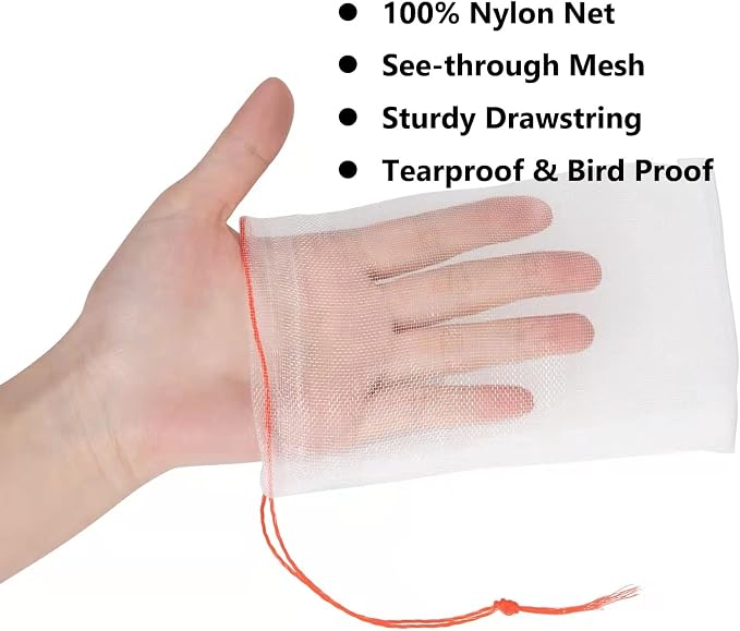 Kikhope Fruit Protection Bags, 6"x4" White Garden Netting Cover Bags 100Pcs | Fruit Netting Bags with Drawstring, Fruit Protection Netting Bags, Insect Bird Netting, Pest Barrier Bags, Garden Net
