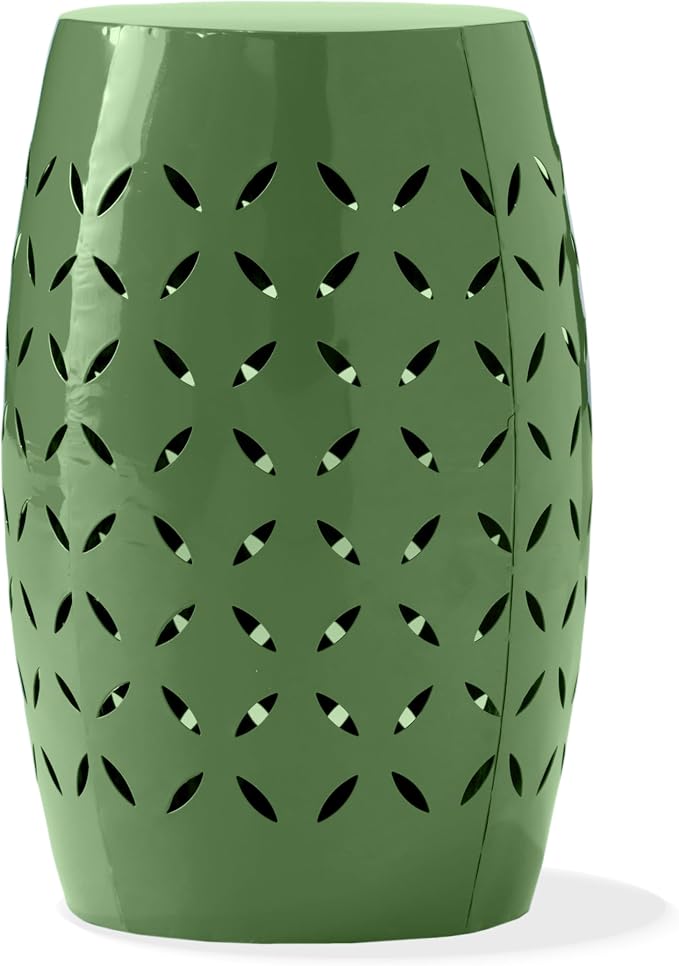 Christopher Knight Home Hayon 17.75'' Small Outdoor Side Table, Metal Outdoor Stool, Lace Cut Iron End Table, Hollow Drum Round Side Table, Decorative Garden Stool with Cutout Design, Green