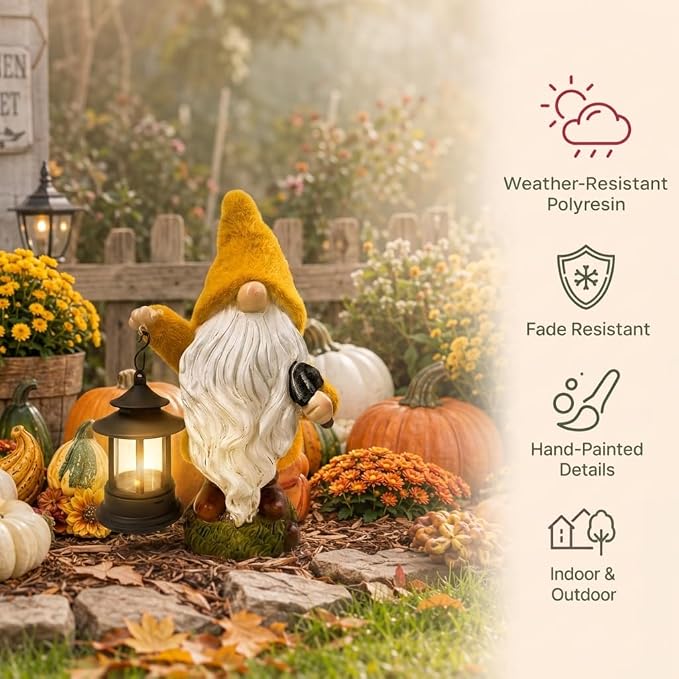 TERESA'S COLLECTIONS Fall Outdoor Decor, Fall Gnome Decor, Autumn Garden Gnomes Holding Lantern with Solar Lights,Waterproof Resin Outdoor Fall Decor, Fall Gifts Outdoor/Indoor,8"