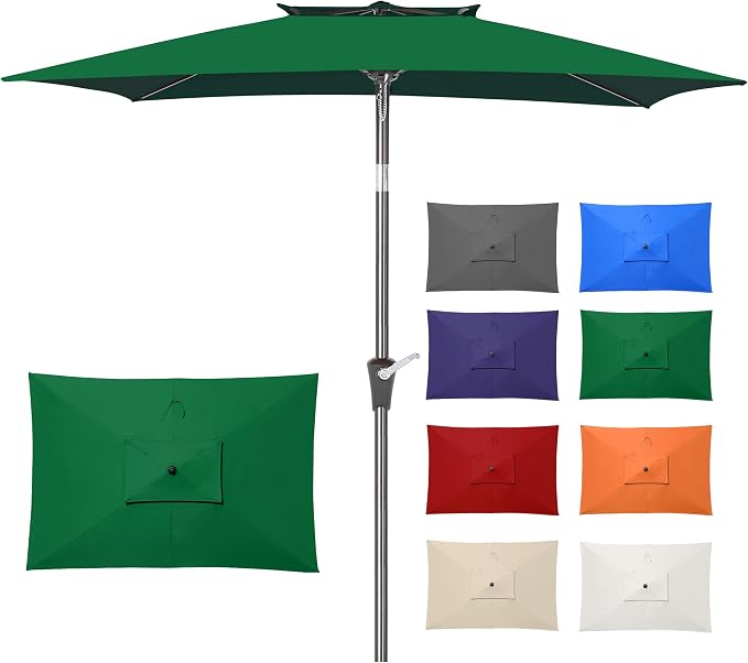 6.6 x 10 ft Rectangular Patio Umbrella, Outdoor Market Table Umbrella with Push Button Tilt and Crank, Double-Tier Vent, 6 Ribs, Rectangle Patio Umbrella for Backyard, Deck, Pool, Fits 4–6 Chairs and Tables (Dark Green)