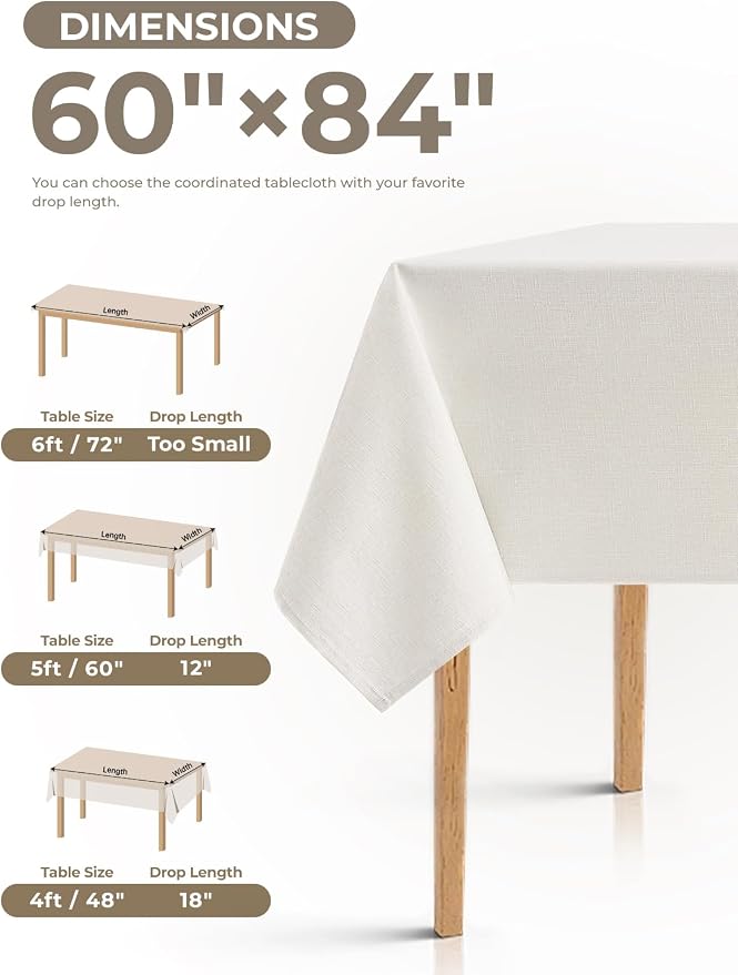 Decorelia Faux Linen Farmhouse Table Cloth 60"x84" for Rectangle Table, Ivory Waterproof Outdoor Washable Cloth Tablecloth for Rectangular Dining Room Kitchen Outdoor Party Restaurant Decor