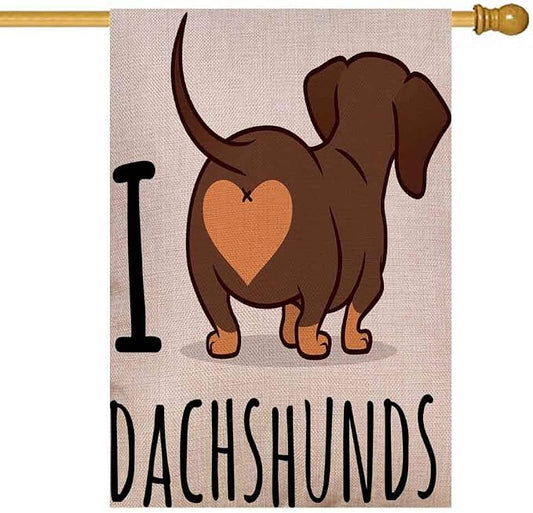 EMMTEEY Dachshund Art House Flags 28x40 Double Sided Seasonal Burlap Outdoor for Kids Outdoor House Flag cute Dachshund Dog Cartoon Isolated on White Love Chocolate and Tan Wiener Sausage Rear