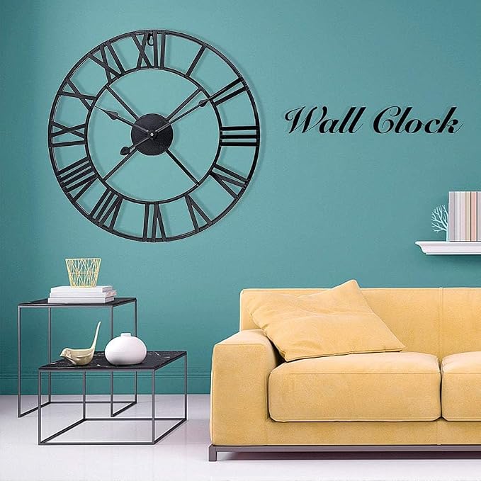 Antique Tower 24 inch Large Roman Numeral Wall Clock, Indoor Outdoor Patio Waterproof Oversized Decorative Contemporary Clock, Antique Black Metal Wall Clock Battery Operated Retro Art Hanging Clock,2