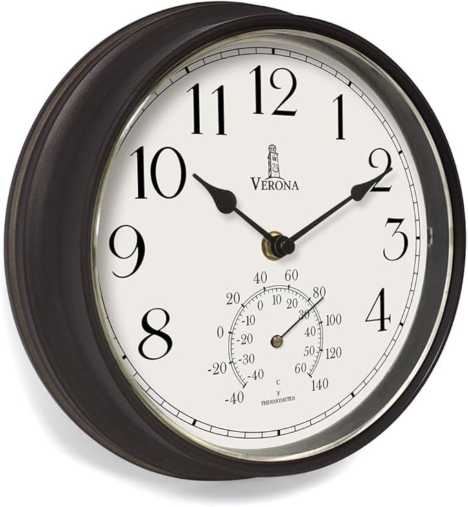 Outdoor Clocks for Patio Waterproof with Thermometer — Black 9.5 Inch Indoor Outdoor Wall Clock with Temperature Display — Weatherproof, Accurate & Easy to Read for Pool, Garden & Home Decor