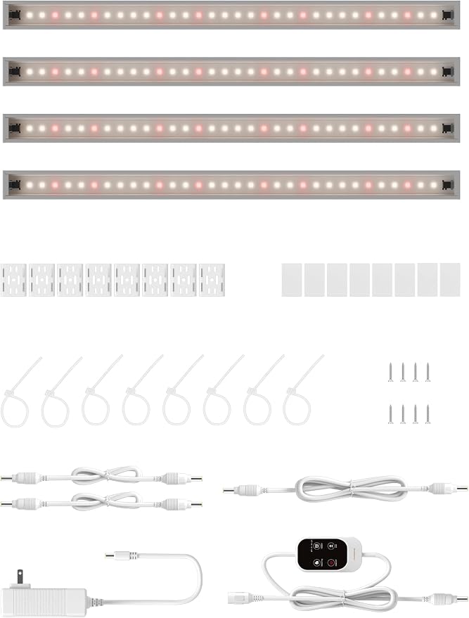 Smart Grow Light for Indoor Plants,3500K Full Spectrum LED Plant Light Strips with 3/9/12H Auto Timer,Stepless Dimming,Modular Design，Plug and Play (White, 4 Pack)