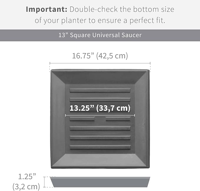 Crescent Garden Universal Square Plant Saucer, Modern Durable Plant Tray for Square Planter, Heavy-Duty Plastic Drainage Dish, Indoor/Outdoor Saucer - 13'' Inner x 16.75" Outer (Concrete-Color)