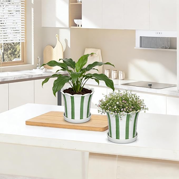 Set of 2 Flower Planter, 5.8 inch Ceramic Plant Pots with Drainage Hole and Sauser, Stripe Ceramic Planters with Wavy Opening for Indoor Outdoor Home Gardening Desktop Windowsill