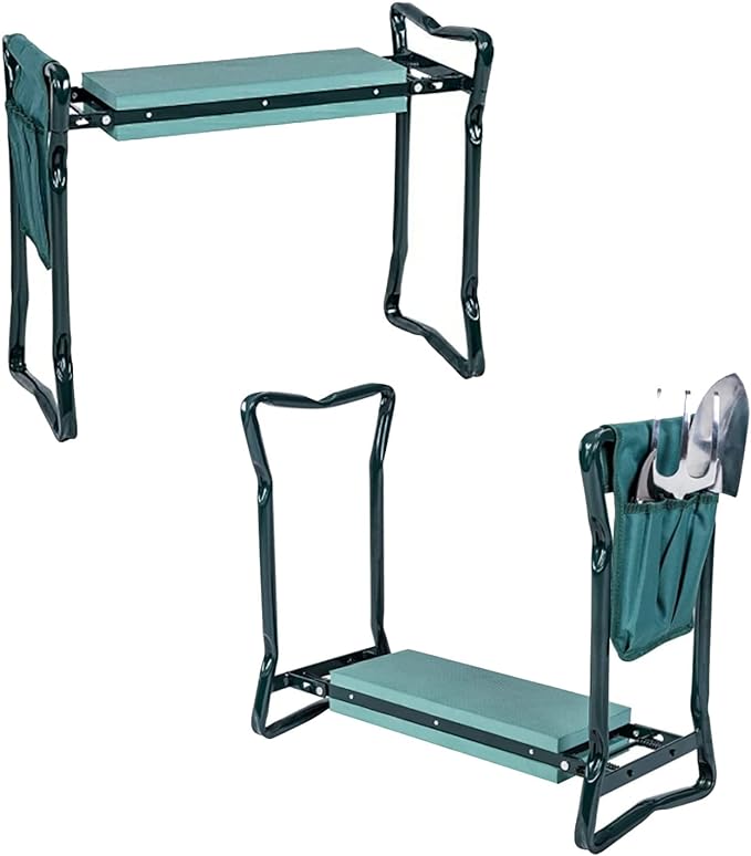 2-in-1 Garden Kneeler & Seat, Folding Seat w/EVA Foam Kneeling Pad & Removable Tools Pouch, Sturdy Steel Frame, No Assembly, Portable Heavy Duty Garden Stool for Women & Men