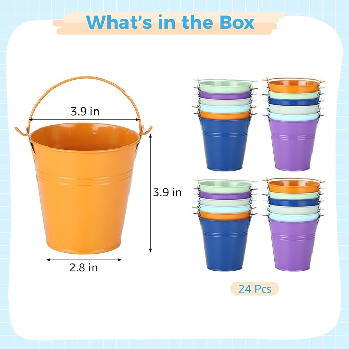 24 Pcs Small Metal Buckets with Handle, 3.9 in Multicolor Mini Buckets Party Favors, Tinplate Iron Buckets for Party Decoration, Wedding Favors, DIY Flower Pots