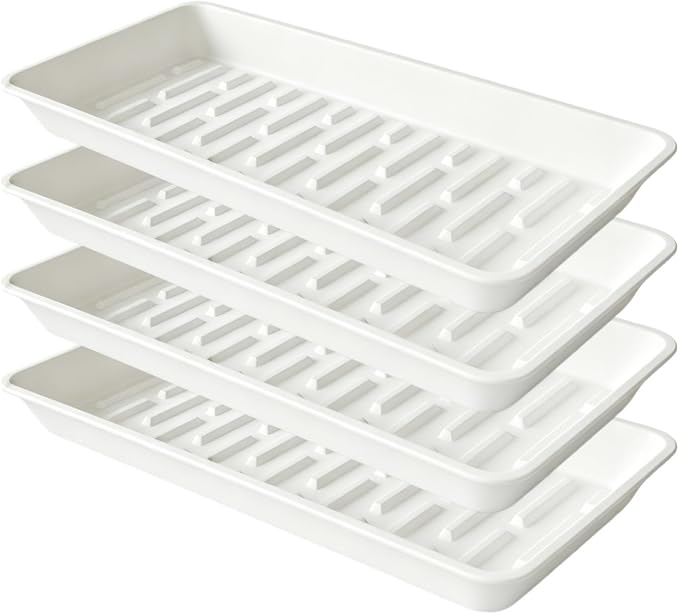 4 Pack Rectangular Plant Saucer 16 Inch, Heavy Duty Plastic Drip Trays for Pots, Windowsill Planter, Indoor Outdoor, 7.0 x 16.1 Inches, White