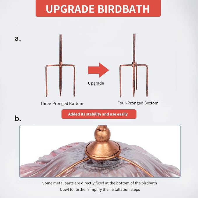 MUMTOP 31 Inch Height Glass Birdbath Birdfeeder with Metal Stake Garden Yard Outdoor Red