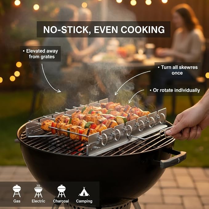Yukon Glory Rotating Kabob Skewer Rack, Stainless Steel Shish Kebab Set with 6 Metal Skewers, Collapsible Holder for Grill, Dishwasher Safe