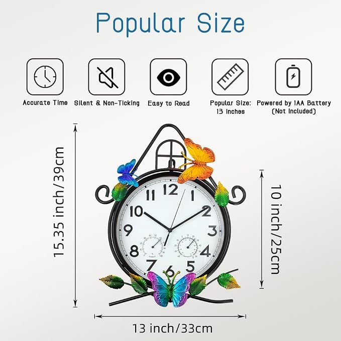 14.5'' Large Outdoor Clock with Thermometer & Humidity | Silent No-Ticking, Easy to Read, Quartz Clock Waterproof, Decor for Patio, Living Room, Kitchen, Black