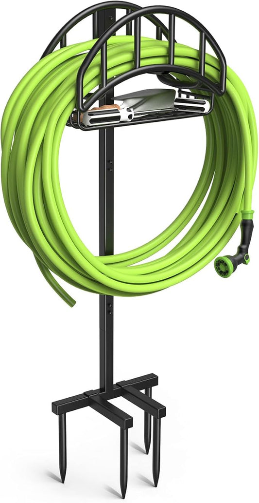 Garden Hose Holder - Upgraded Metal Reel With Tool Storage Basket, Heavy Duty Freestanding Water Hose Holder Holds 150ft, Detachable Storage Hanger for Outside