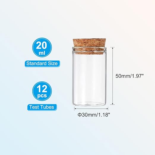 PATIKIL 20ml Test Tubes, 12pcs 1.97x1.18 Glass Clear Flat Bottom Test Tube Containers with Cork Stopper for Bead Party Candy Bath Salt Storage Scientific Experiment Plant Propagation