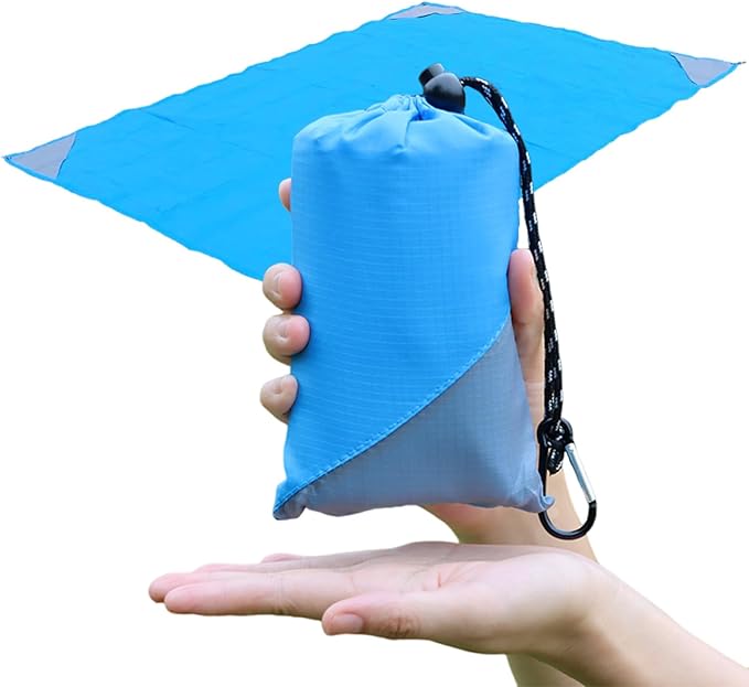 Orga'Neat Pocket Picnic Blanket, Beach Mat Waterproof Sandproof, Compact Lightweight Small Tarp for Camping, Hiking, Backpacking, Festival, Travel, Foldable in Bags (Blue/Grey, 55"x39")