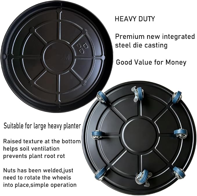 Rolling Planter Caddy(470lbs Capacity), Heavy Duty Metal Plant Stand with Brake Wheels Plant Dolly Mover Plant Pot Tray Saucer for Indoor Outdoor 18 Inches Black