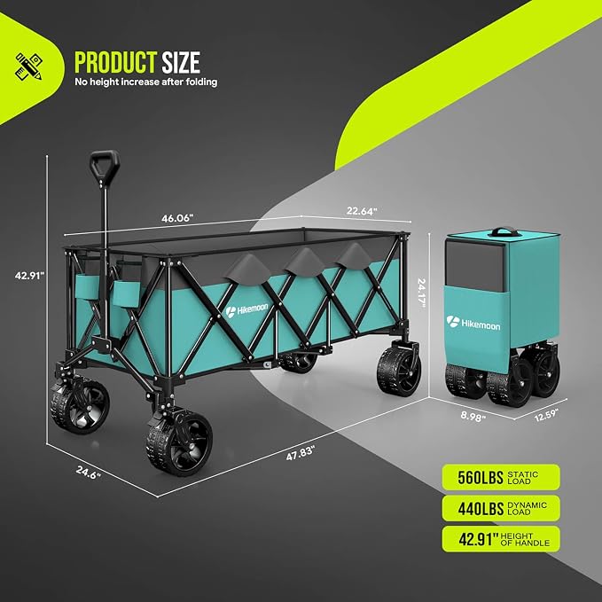 Hikemoon 300L Extra Large Wagons Carts Foldable, 560LBS Heavy Duty Collapsible Beach Wagon 48" Long with Big All-Terrain Wheels, Utility Folding Cart for Camping, Sports, Garden, Turquoise