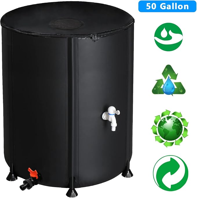 Collapsible Rain Barrel, 50 Gallon Portable Rainwater Collection System, Rain Catcher Barrel, Water Storage Tank with Two Spigots and Overflow Kit, Rain Water Barrel Collector for Garden, Black