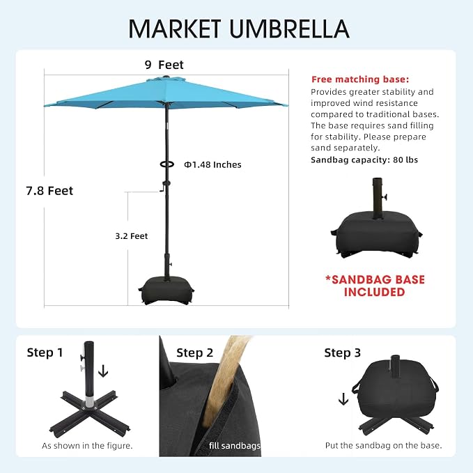 wikiwiki 9FT Patio Umbrella with Base, Outdoor Umbrellas with Base Included, 8 Sturdy Ribs, Waterproof Fade Resistant POLYESTER DTY Canopy for Deck, Lawn, Garden, Backyard & Pool, Sky Blue