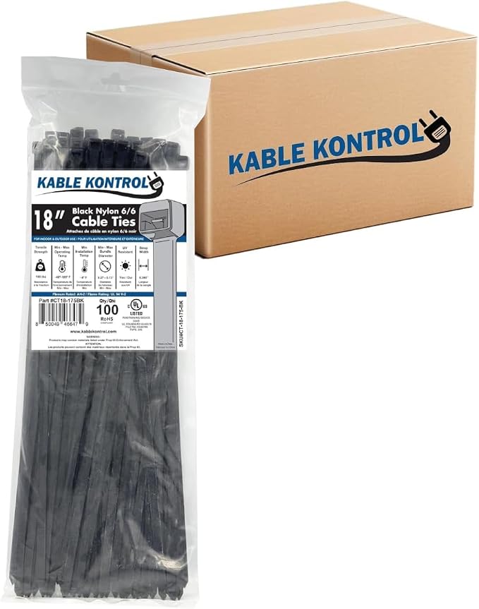 Kable Kontrol Cable Zip Ties Black 1,500 Pcs 18 Inch, 175 Lbs Tensile Strength, Bulk Pack, Self-locking UV Resistant Plastic Nylon Wire Ties, for Indoor or Outdoor Use