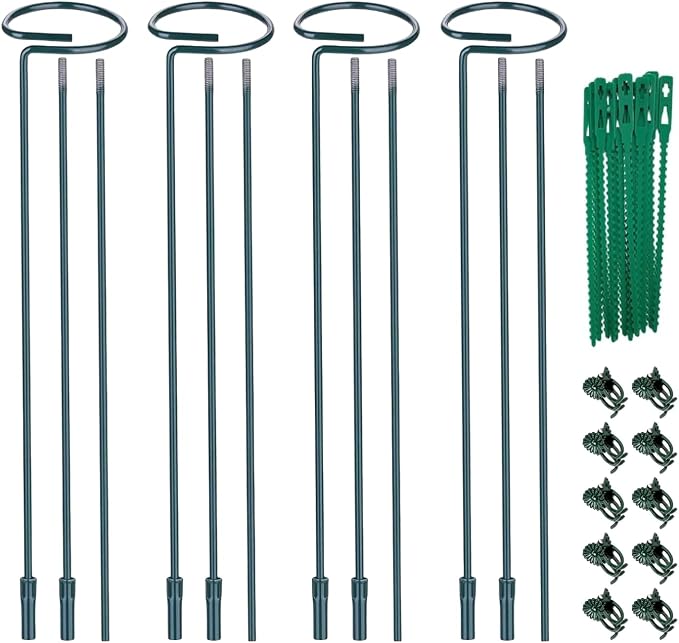 4-Pack Adjustable Plant Support Stakes - Heights: 12"/24"/36" - Stainless Steel & Deep Green - Plant Stakes for Indoor & Outdoor Plants, Gardens, Flowers, Tomatoes, & Vegetables