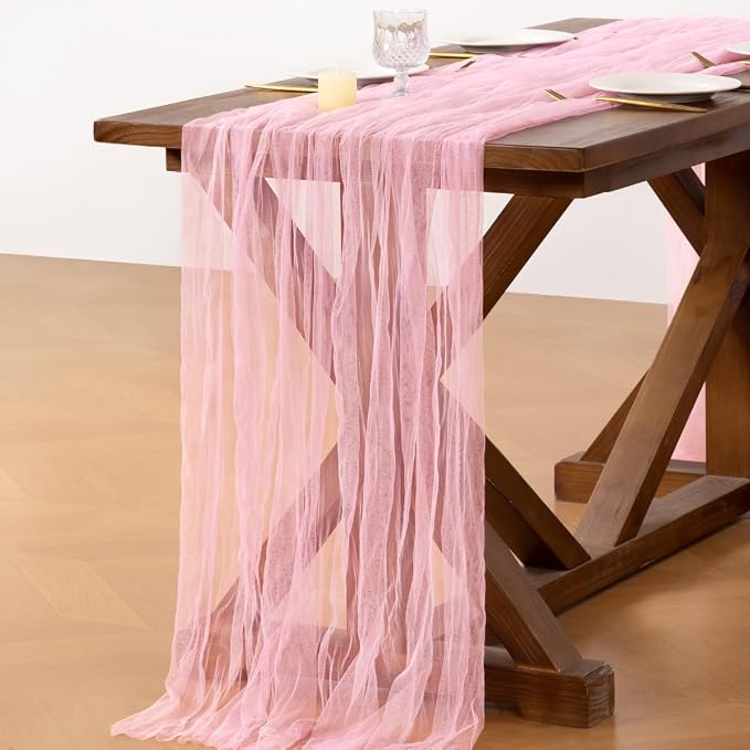Socomi Pink Cheesecloth Table Runner Tulle Gauze Cheese clothBoho Rustic 120 inch 10FT Runner for Wedding Party Baby Shower Birthday Holiday Decorations 3pcs