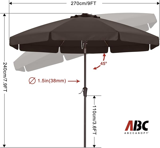 ABCCANOPY 9ft Scalloped Patio Umbrella, Outdoor Table Umbrella with Tilt and Crank, Fiberglass Ribs Deck Umbrella for Patio, Pool, Garden, Picnic (Brown)