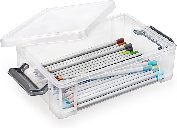 BTSKY 4 Pack Extra Large Plastic Pencil Box Stackable Translucent Clear Pencil Caase Crayon Box Set, Marker Organizer Art Supply Storage Organizer for Gel Pens Pencils Erasers Tape Markers etc(Grey)