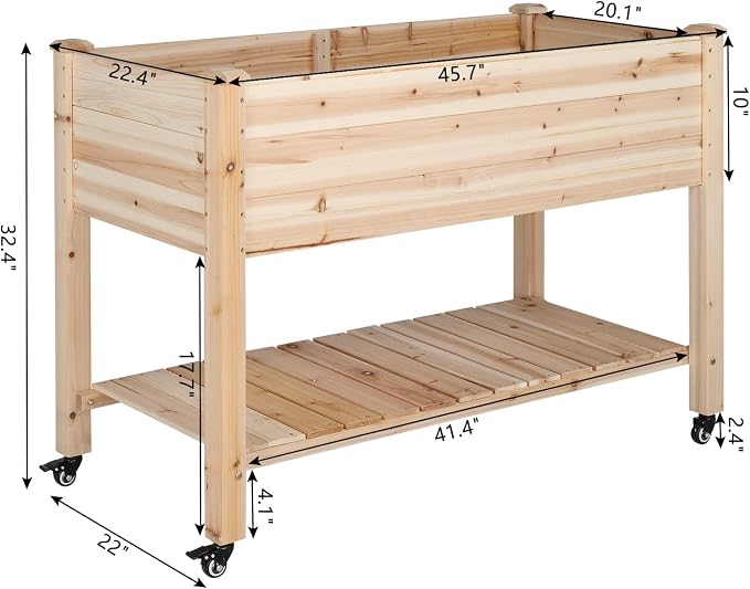 VINGLI 45.7"x22.4"x32.4" Elevated Raised Garden Bed Outdoor, Heavy Duty Wood Planter Box with Legs, Bed Liner Included, for Vegetables, Fruits, Sturdy Long Lasting Planter Box (Nuture - with Wheel)