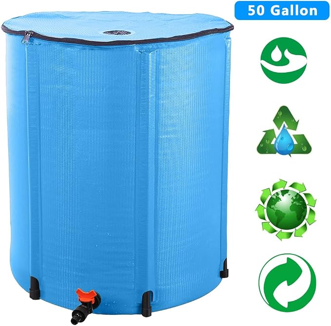 50 Gallon Collapsible Rain Barrel, Rain Water Collection Barrel System Kit, Collapsible Water Tank with Spigot and Overflow Kit, Portable Rain Water Catcher for Garden, Blue