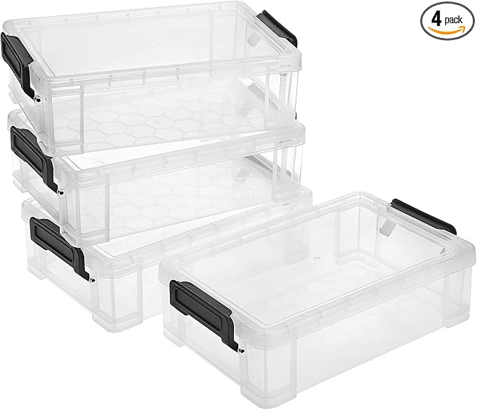 BTSKY 4 Pack Extra Large Plastic Pencil Box Stackable Translucent Clear Pencil Caase Crayon Box Set, Marker Organizer Art Supply Storage Organizer for Gel Pens Pencils Erasers Tape Markers etc(Black)