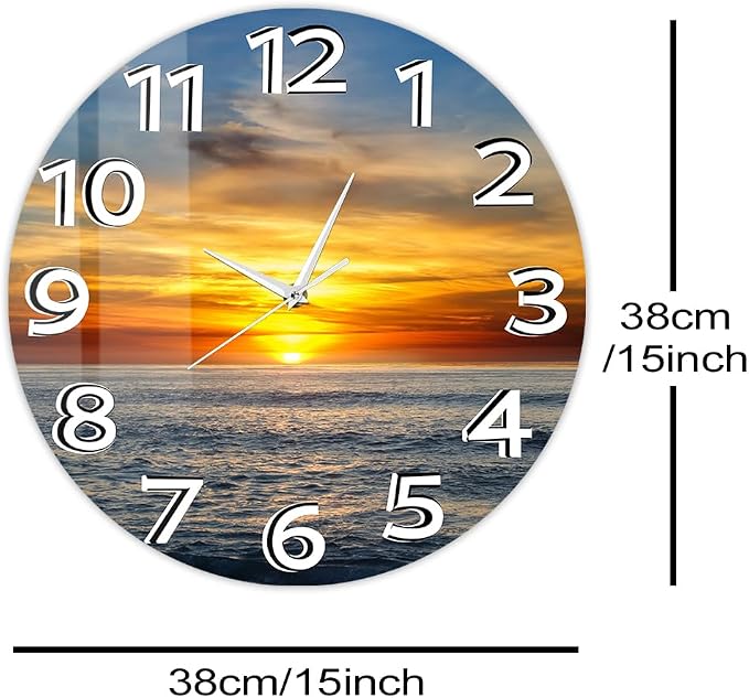 15 Inch Sunset Ocean Wall Clock, Beautiful Landscape Wall Art Clock Large Numbers Easy-to-Read Modern Decorative Silent Non Ticking Wall Watch Clock Battery Operated for Bedroom Living Room