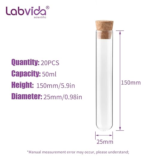 20pcs Glass Test Tubes, 25x150mm vol. 50ml (1.69oz), Borosilicate Glass Test Tube Set with Cork Stoppers, for Plants Lab Home Party Use, LVH009