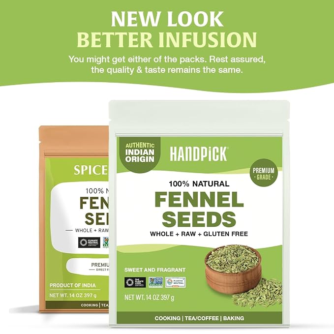 HANDPICK Fennel Seeds (397g/14oz) Tested for Quality | Raw Fennel Seed | Perfect for Cooking, Teas, Smoothies & Lattes | Bulk Whole Seeds in Resealable Zip Lock Pouch (Packaging may vary)