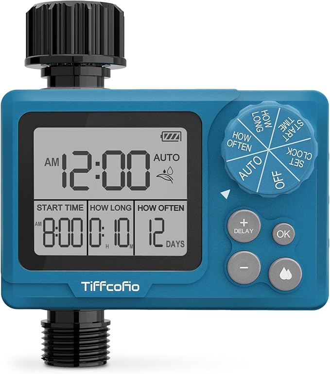 TiFFCOFiO Sprinkler Timer Outdoor, Digital Programmable for Garden Hose, Irrigrtion Timer with Rain Delay and Manual Mode (1 Pack)