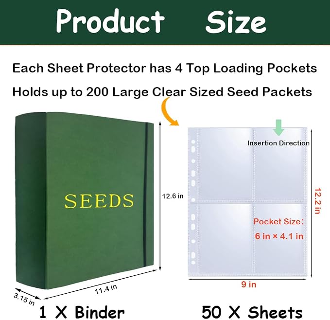Extra Large Seed Storage Organizer Binder,3 Ring Seed Packet Organizer with 200 Pockets(50 Pack Clear Sheet Protectors), Garden Seed Holder Book for Envelopes, Seed Saving Keeper, Green