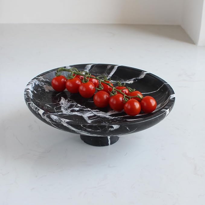 Nawgnail Natural Black Marble Fruit Bowl for Kitchen Counter 10.2", Large Decorative Bowl Pedestal for Home Decor, Fruits Holder For Dining Table - Kitchen Organization